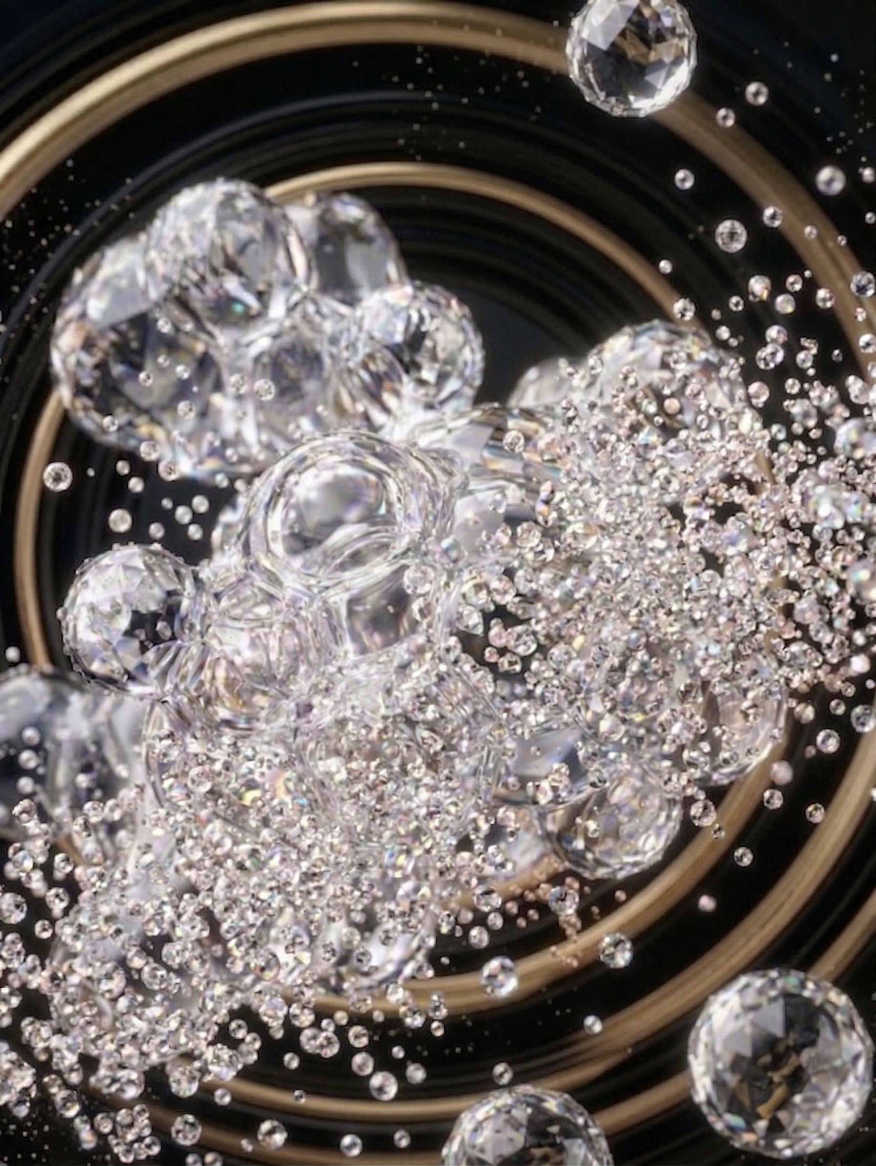 EV / Exosome — Crystal-like extracellular vesicles dispersing in gold spiral field