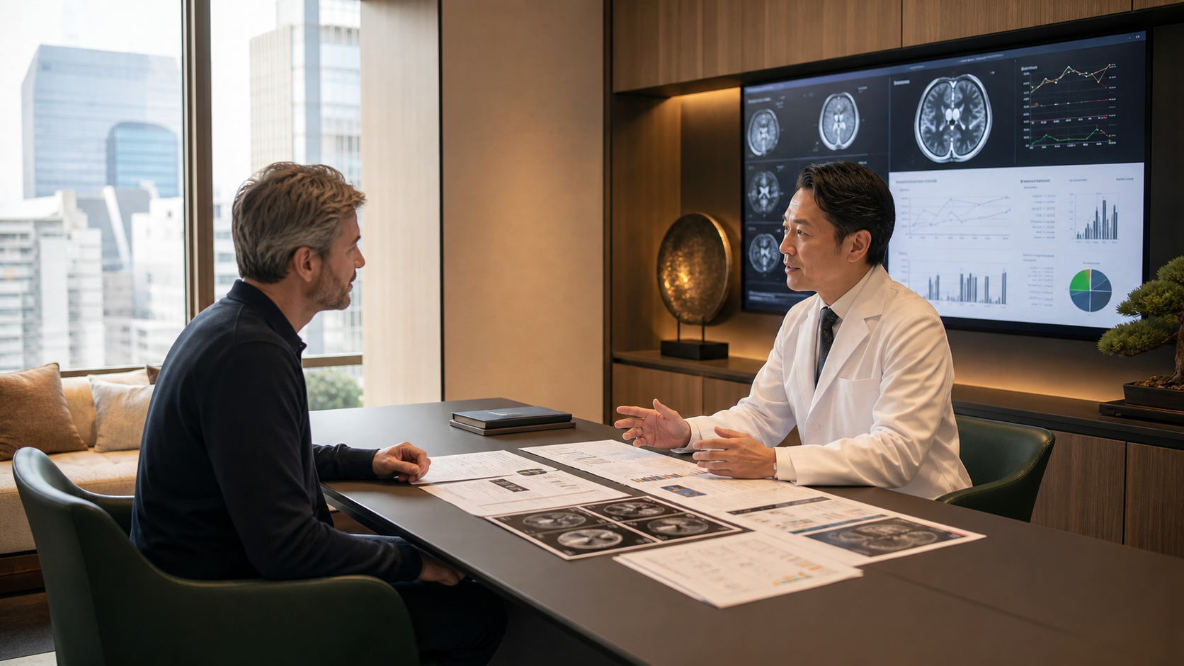 Physician reviewing blood tests, imaging, and prior records with an international patient