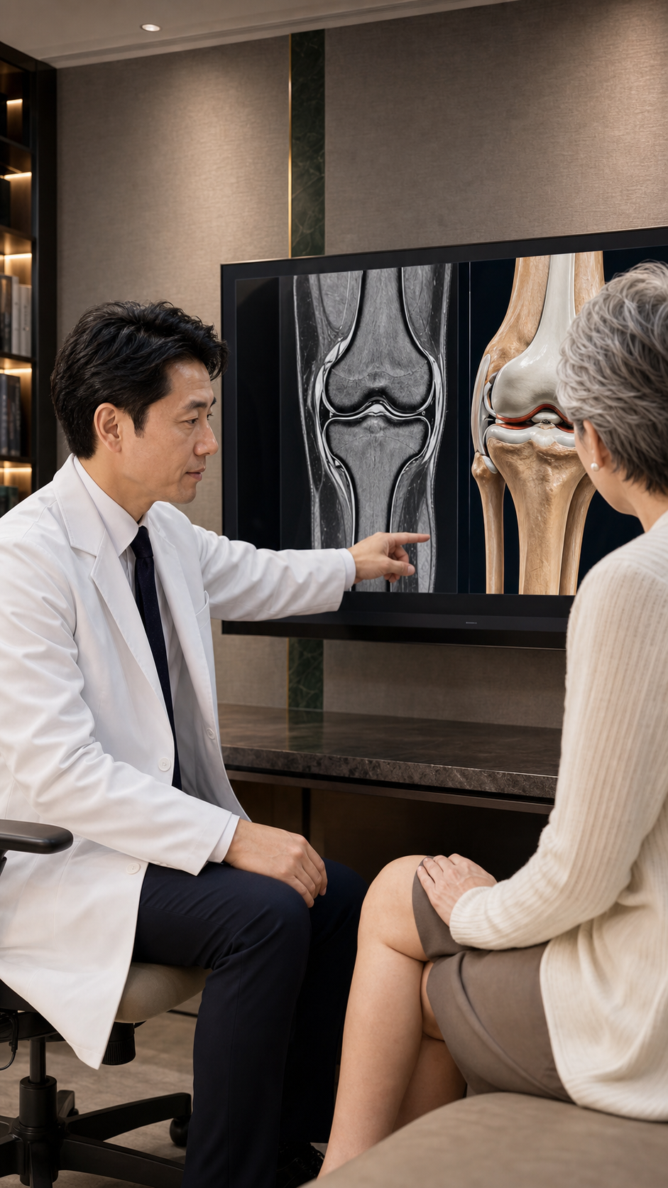 医師が膝画像を見ながら説明するイメージ