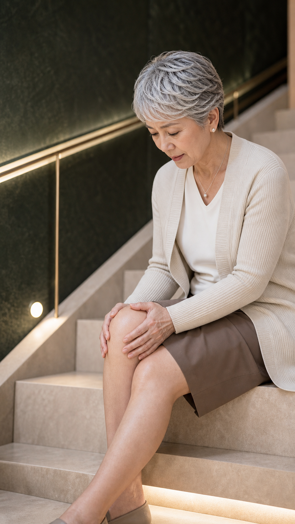 階段で膝を押さえる女性