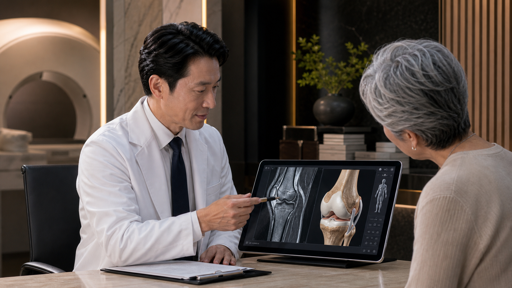 医師が膝画像を見ながら関節内投与との違いを説明している相談イメージ