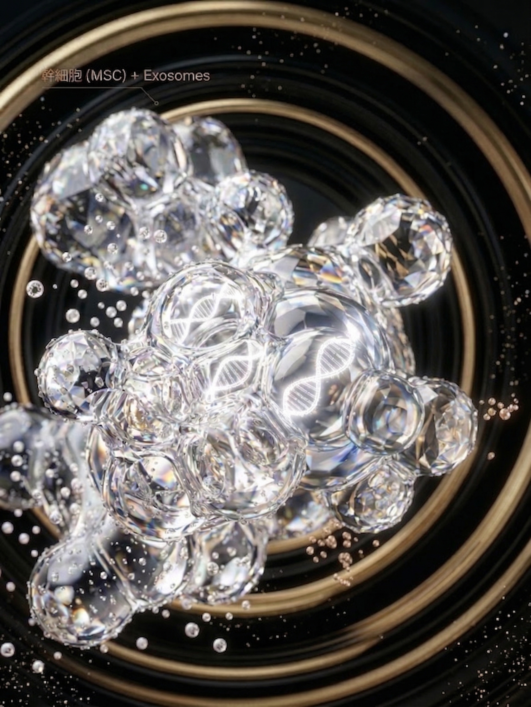 幹細胞 (MSC) + Exosomes — Crystal diamond-like MSC cells with DNA helix releasing exosomes