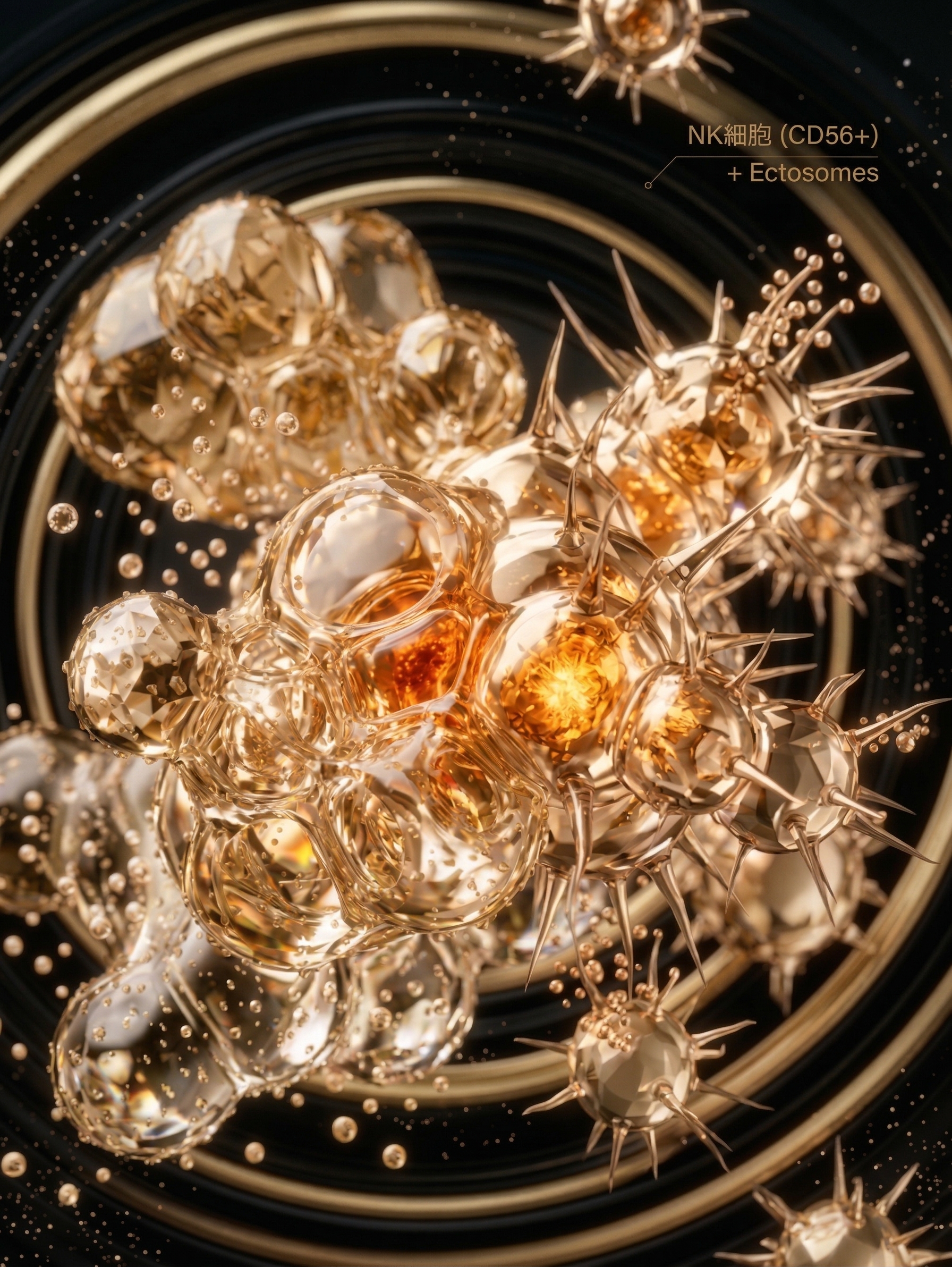 NK細胞 (CD56+) + Ectosomes — Golden crystalline NK cells with spike receptors secreting ectosomes